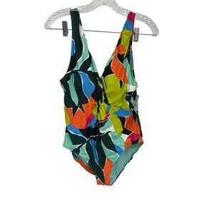NWT Anne Cole Swimsuit Polynesian Palm Plunge Twist One Piece Size 12